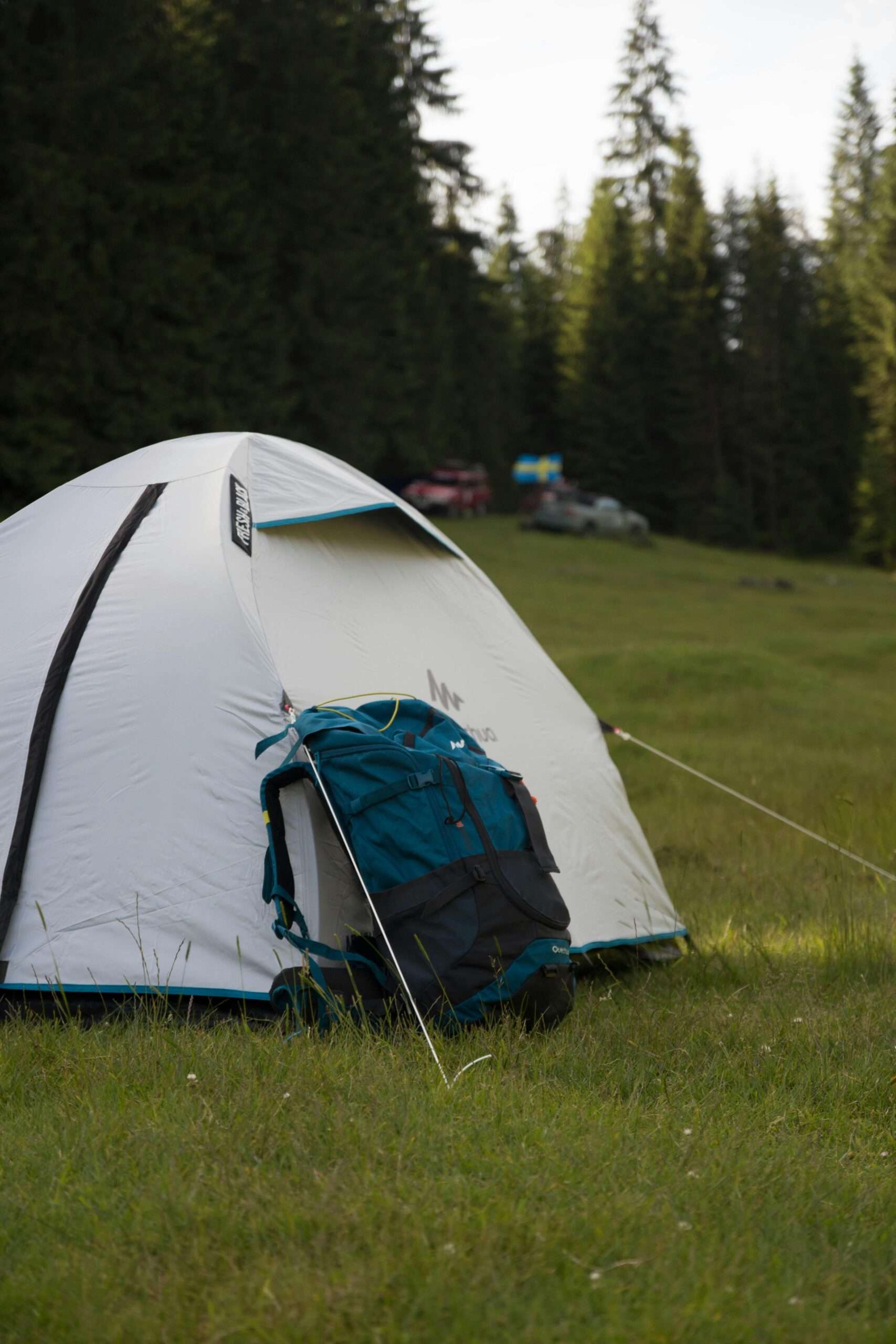 Un camping sereno con tienda y mochila en el pintoresco bosque de Padiş, Rumanía.